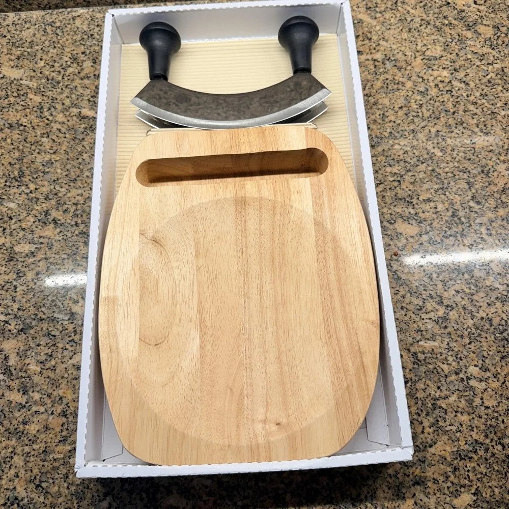 ARCOSTEEL Mezzaluna Chopper Knife & Wood Cutting Board Set Stainless Steel Brown